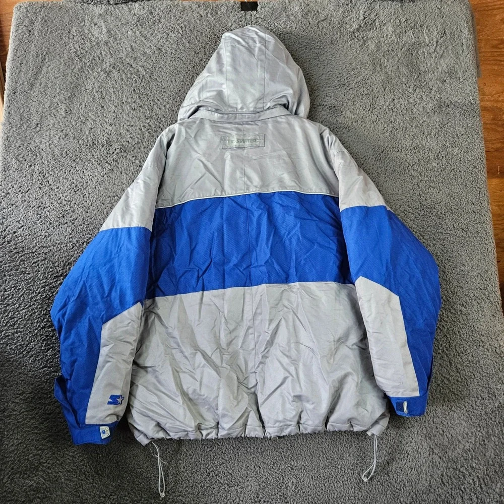 Starter Mens L Jacket Hooded Winter‎ Puffer Down Feather Gray Blue